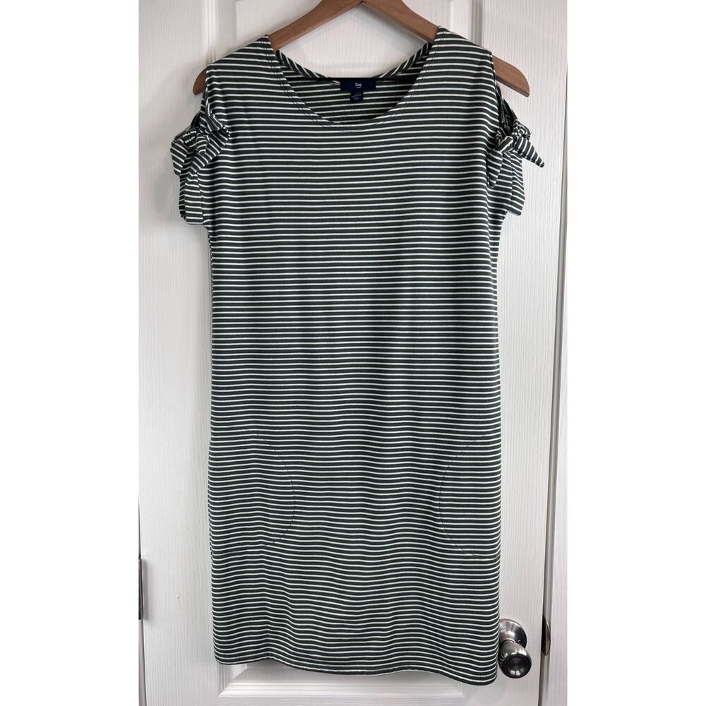 Gap Women's Short Tie Sleeve Dress Green White Stripe Pockets Size XS